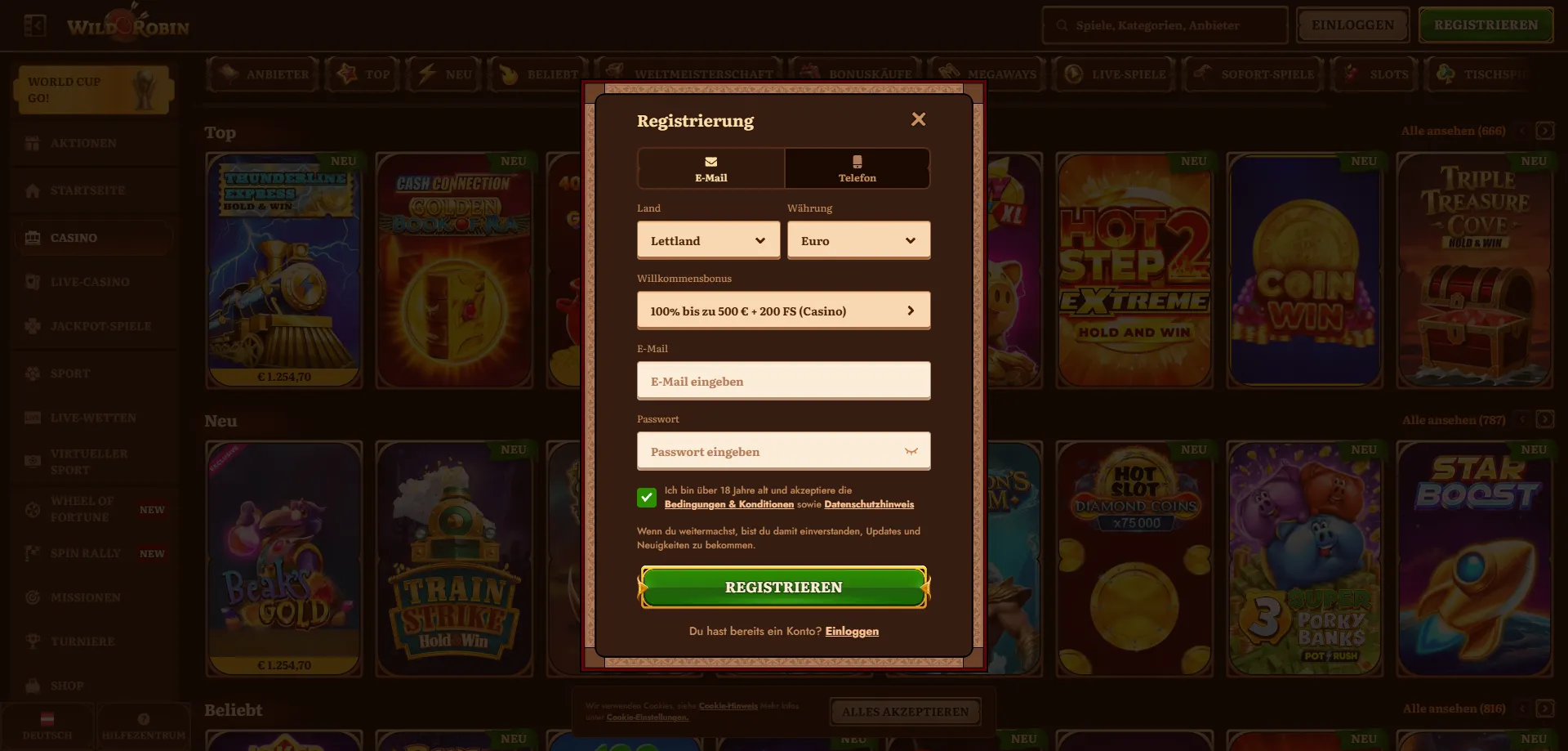WildRobin Casino Willkommensbonus und Freispiele f&uuml;r neue Spieler